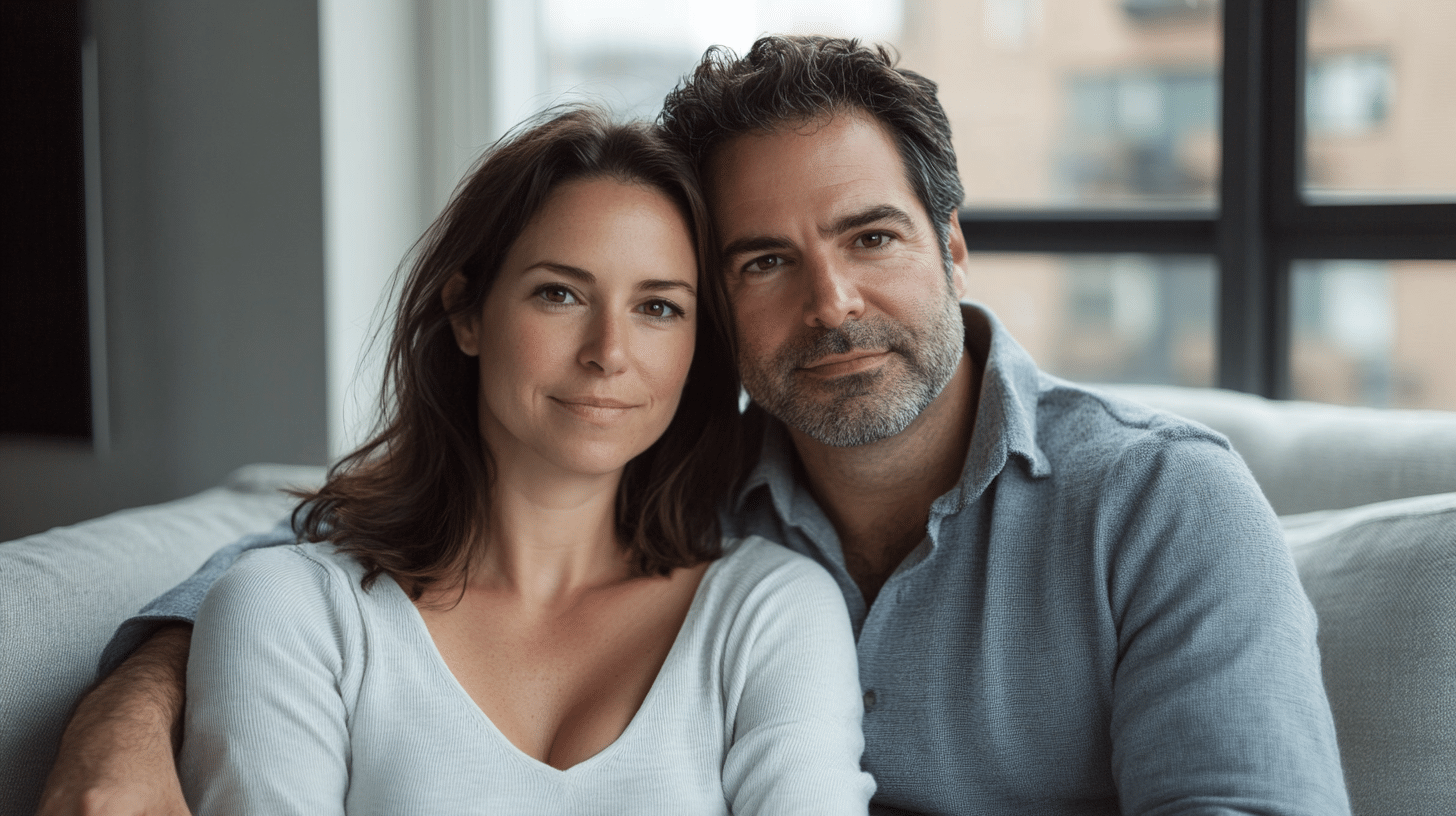 Couple sitting together in a luxury Manhattan apartment looking directly at the camera with calm, knowing expressions, reflecting the emotional weight and hope of exploring the love prescription and Gottman couples therapy to strengthen their relationship