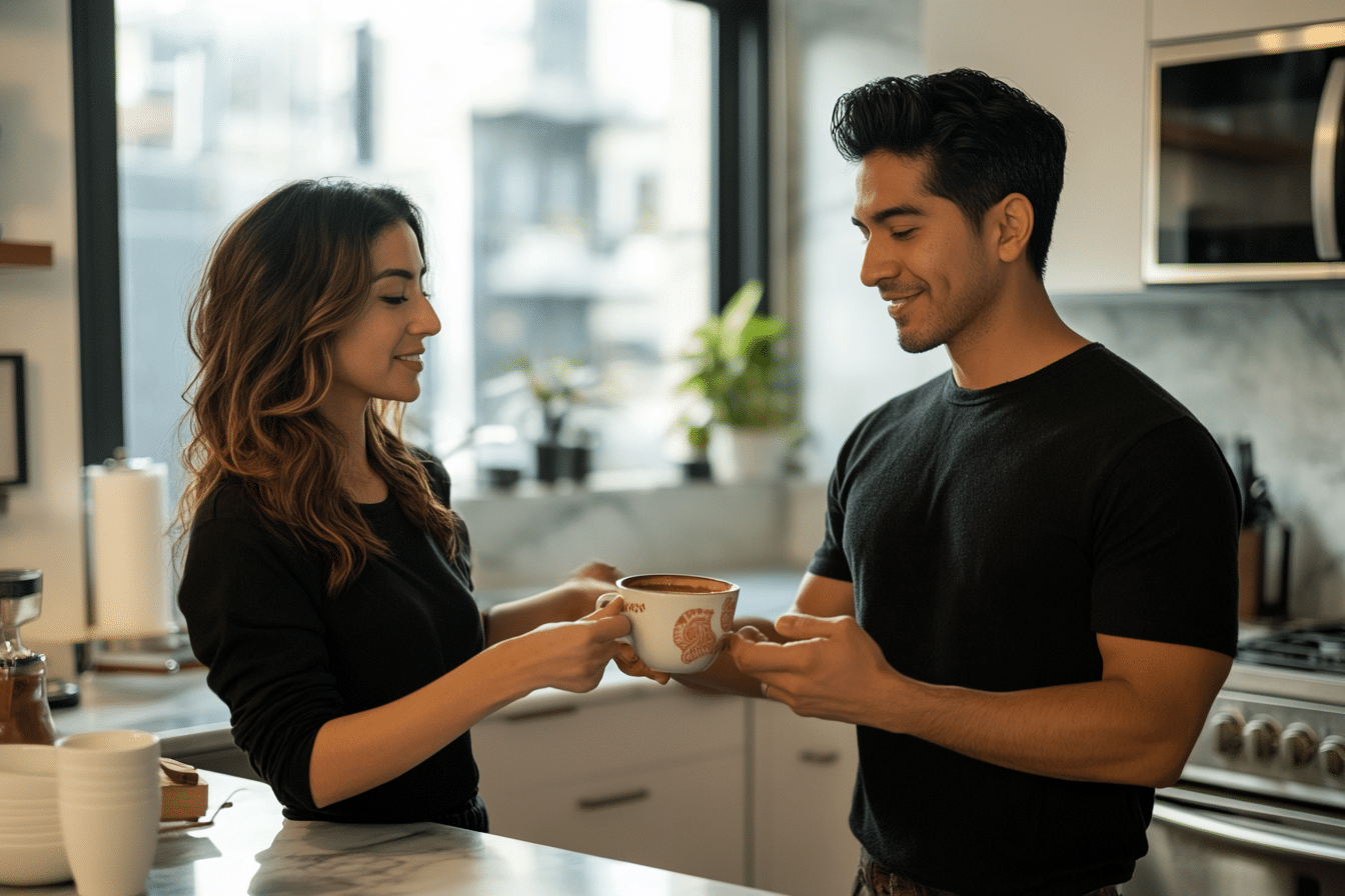 Couple of American Indian descent laughing together while cooking in their Brooklyn apartment kitchen on date night, illustrating the love prescription's Day 7 recommendation to declare and protect a weekly date night as sacred time for connection and joy in the relationship