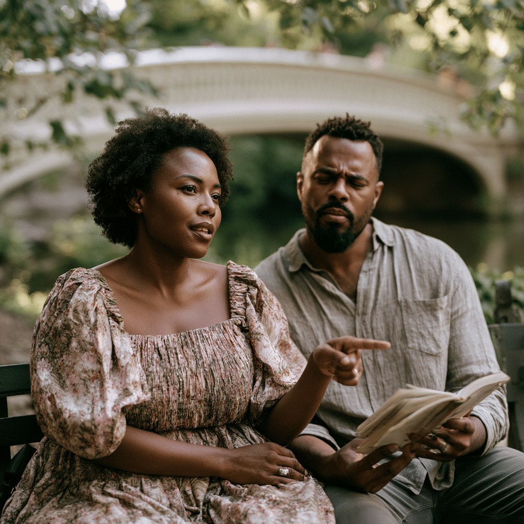 Black couple on a park bench, she points at something while he stays absorbed in a book.