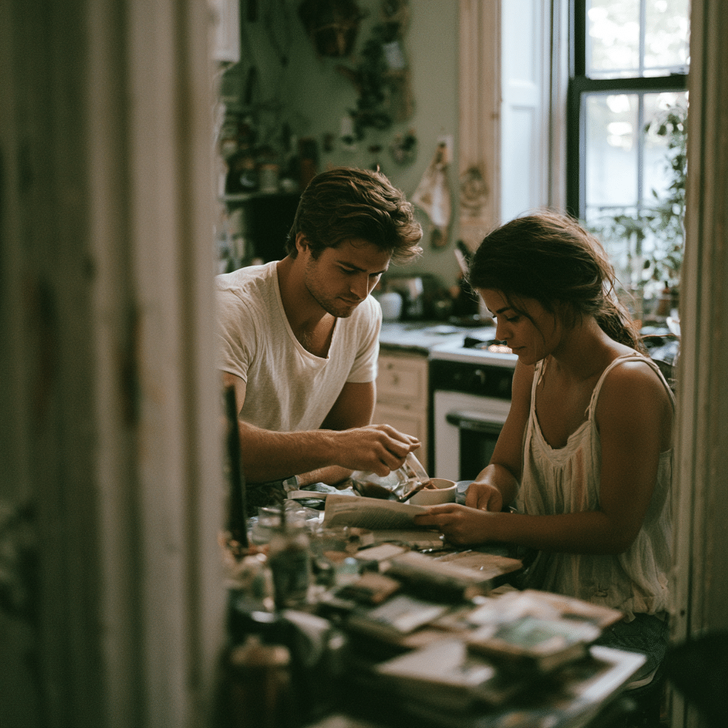 One partner refills the other's coffee at a Brooklyn kitchen table, a small wordless act of care.