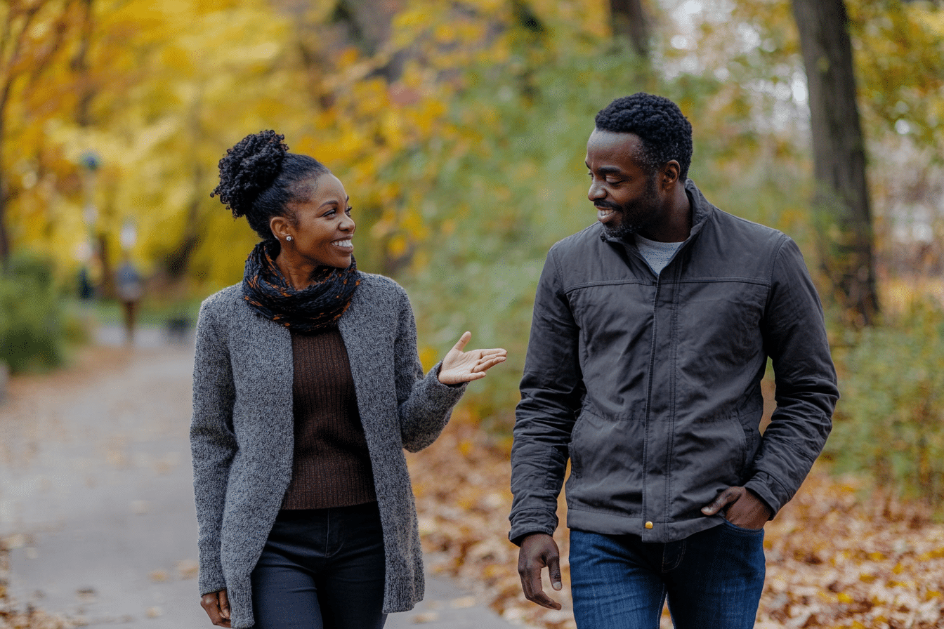 Black couple walking together through Prospect Park in Brooklyn, the woman glancing at her partner mid-sentence while he turns toward her with a warm smile, illustrating how turning toward bids for connection 86 percent of the time predicts relationship success according to John Gottman's research in the love prescription