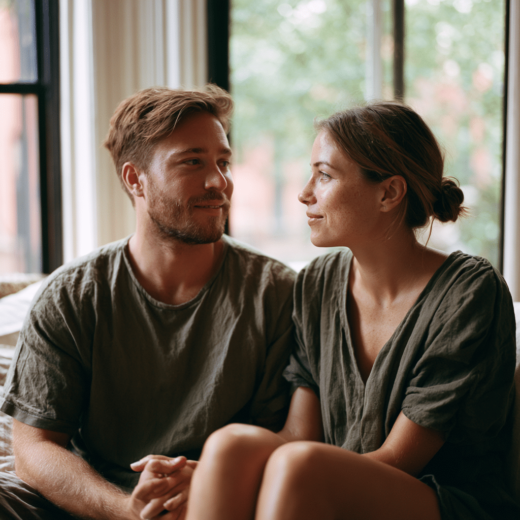 Couple sitting close on a sofa in a sunlit Brooklyn living room, hands loosely joined.