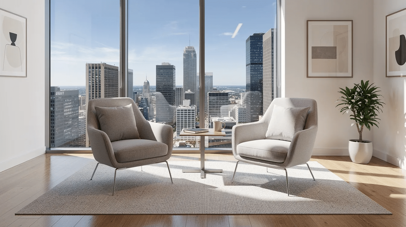 The image depicts a professional office space featuring comfortable chairs positioned facing each other, situated near a window that offers a view of the city skyline. This inviting environment is ideal for couples therapy sessions, such as those inspired by the love prescription developed by John and Julie Gottman, aimed at fostering intimacy and understanding in romantic partnerships.