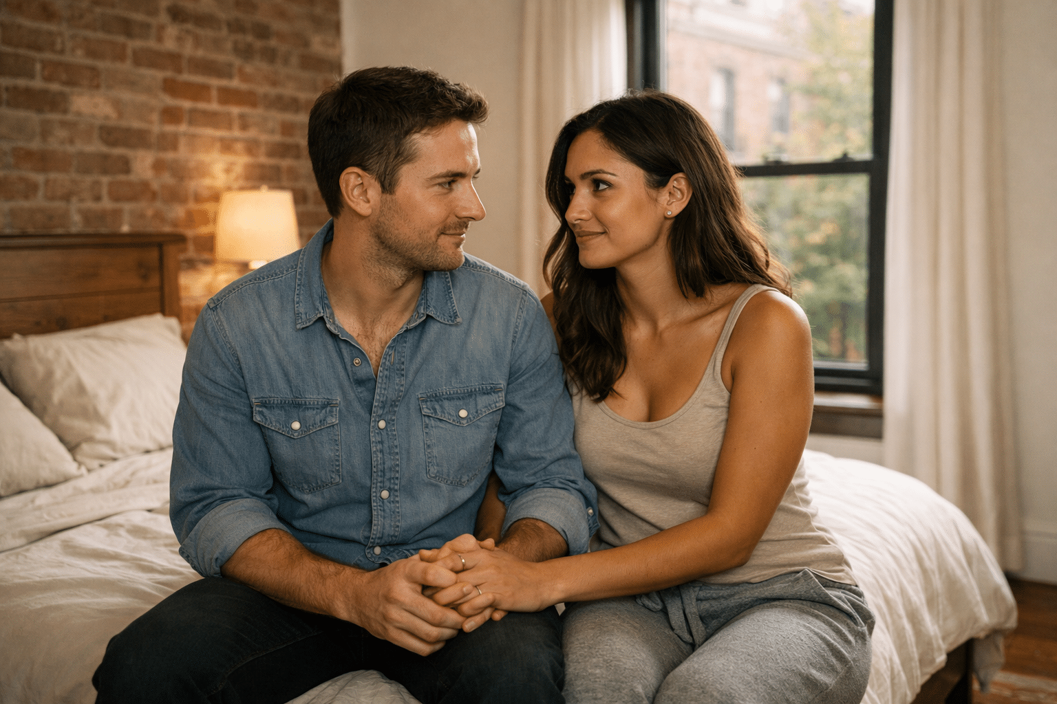 Affluent Brooklyn couple sitting on the edge of a neatly made bed in a renovated brownstone bedroom, holding hands and looking at each other with cautious hope as morning light comes through the window.