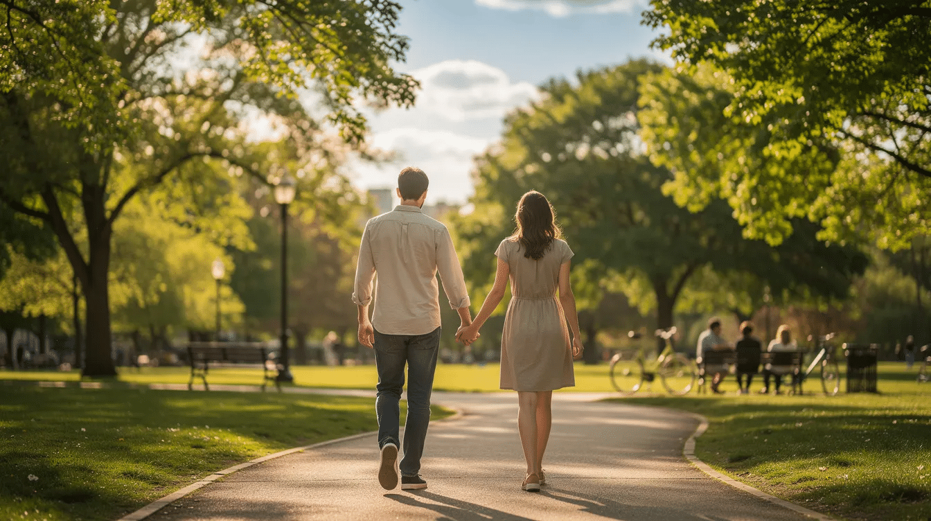 A couple walks hand in hand through a sunlit park, embodying the intimacy and joy that can be found in a thriving romantic relationship. Their connection reflects the principles of the love prescription by John and Julie Gottman, emphasizing the importance of appreciation and emotional support in building a solid and happy relationship.