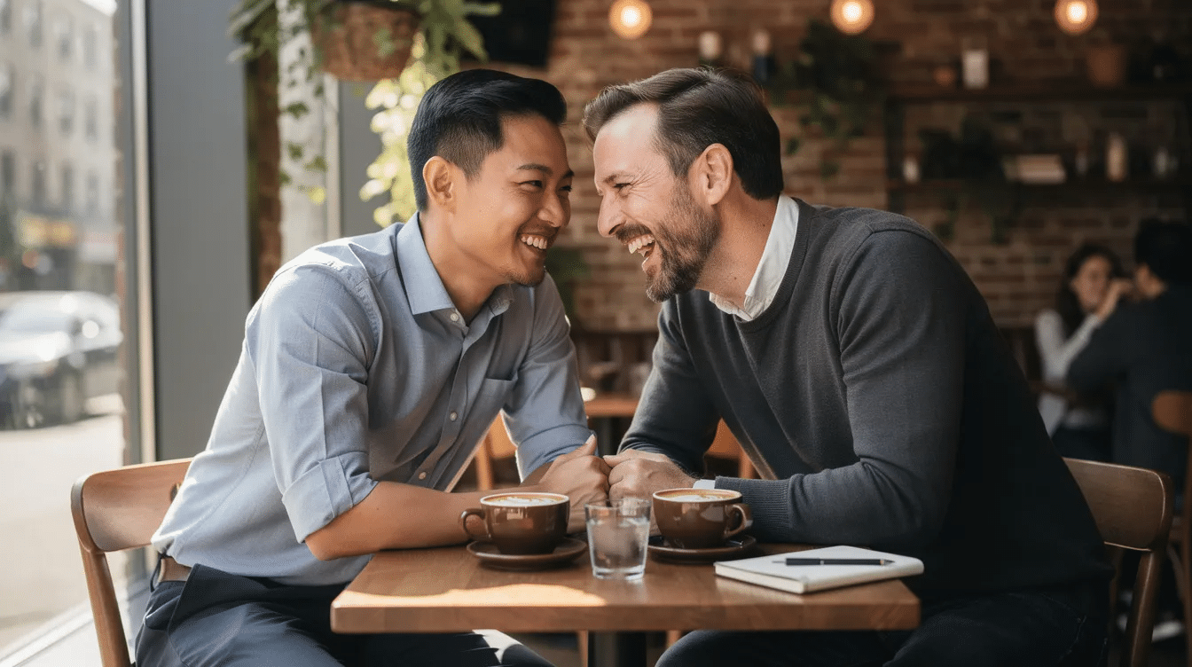 The image captures a joyful moment between a gay male couple in a stylish New York coffee shop, where one Asian American man and one white man lean toward each other, laughing and sharing a genuine connection. Their professional casual attire and the warm tones of the natural light enhance the candid atmosphere, reflecting the essence of intimacy, connection, and joy often explored in the love prescription by John and Julie Gottman.