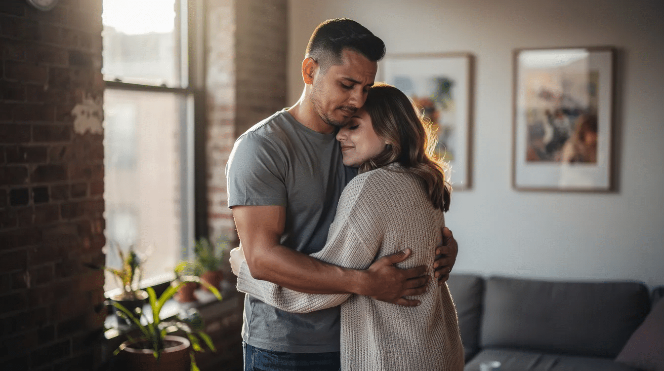 An ultra-realistic photograph captures an interracial couple, a Latino man and a white woman, gently hugging in a softly lit New York apartment, embodying relief and warmth after an emotional moment. This authentic candid moment reflects the principles of the love prescription by John and Julie Gottman, emphasizing intimacy and connection in a healthy romantic partnership.