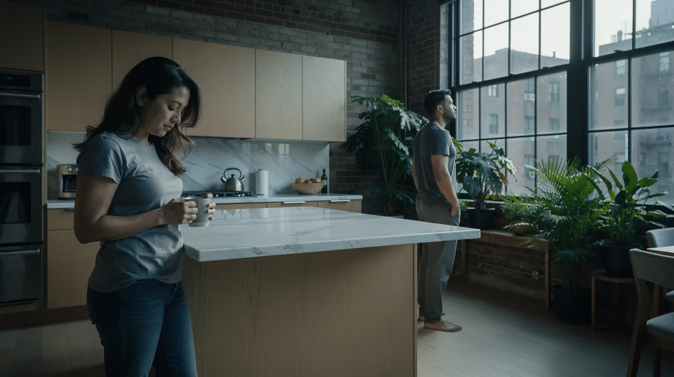 In a modern Brooklyn apartment kitchen, a Latino couple in their mid-30s exhibits subtle tension, with the woman leaning against the marble counter, gazing down at her coffee mug, while the man looks out the window. The soft morning light highlights their emotional distance, suggesting underlying issues that may benefit from couples therapy or marriage counseling to improve communication and intimacy.