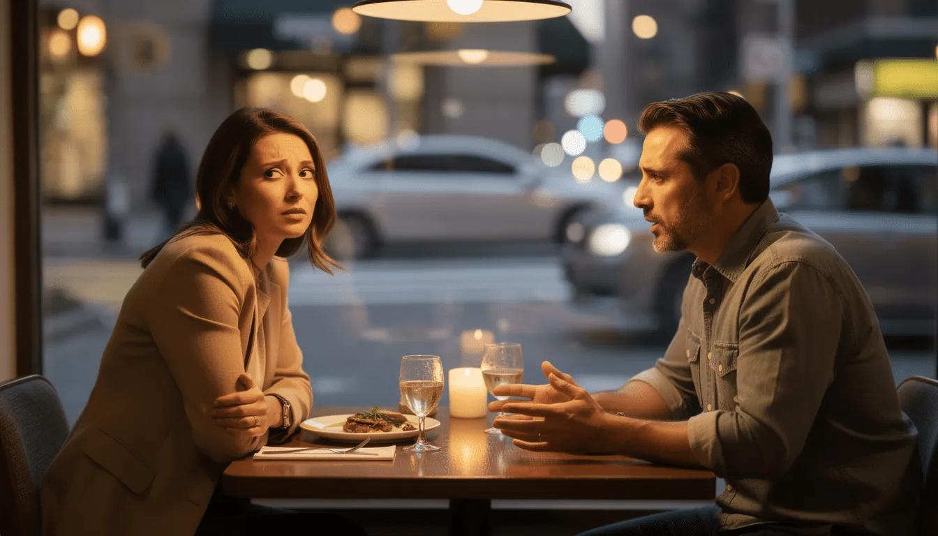 A heterosexual couple in their 30s sits at a restaurant table in New York City, with the woman rolling her eyes and the man appearing hurt and silent, reflecting emotional distance and contempt in their relationship. The soft evening lighting and blurred city street outside enhance the atmosphere of an unhealthy relationship dynamic marked by unresolved conflict and communication breakdown.