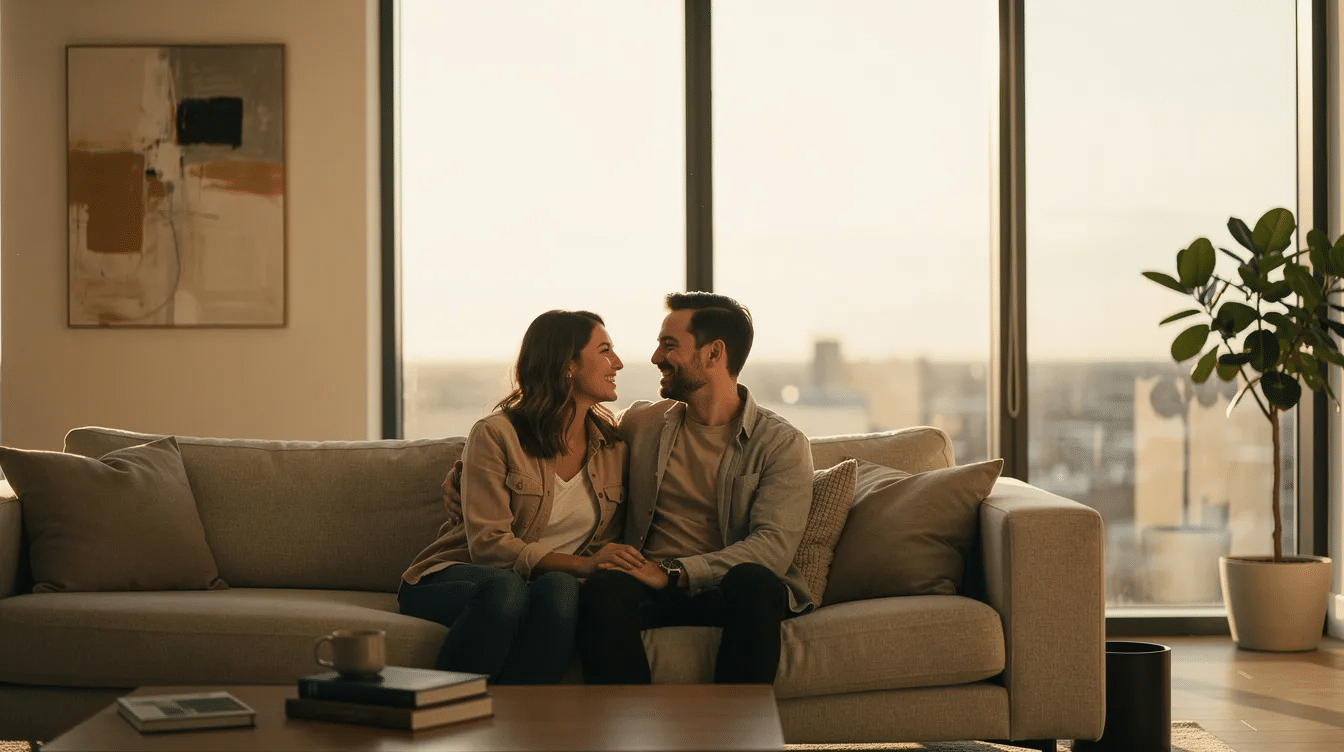 A couple sits on a modern couch in a well-decorated apartment, gazing at each other with soft, affectionate expressions that convey intimacy and connection. Their body language suggests a solid and happy relationship, reflecting the principles of the love prescription by John and Julie Gottman, renowned for their work in healing troubled relationships and fostering thriving romantic partnerships.