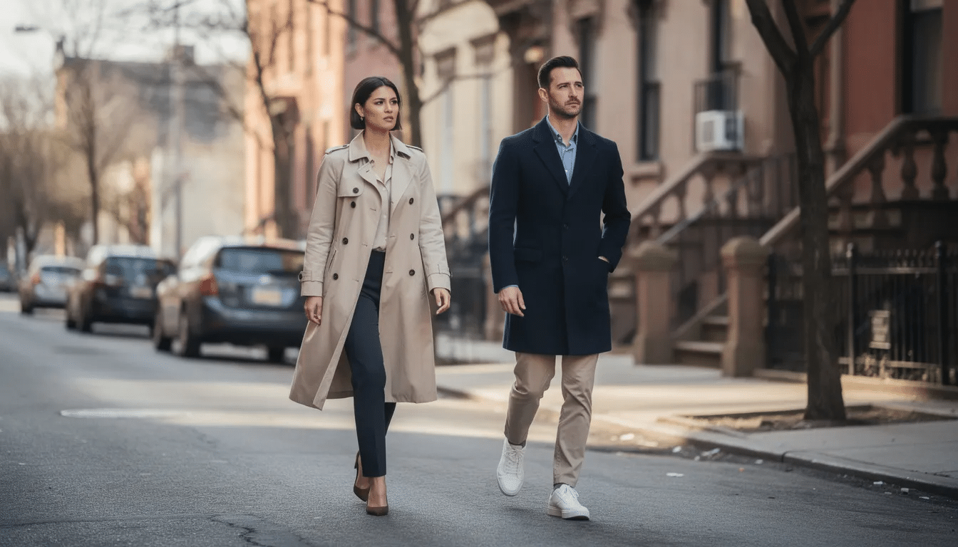 A professional Brooklyn couple walks slightly apart on an urban residential street, both wearing thoughtful expressions that reflect the complexities of married life. This candid moment captures the essence of their relationship as they navigate different stages of marriage, highlighting the importance of communication and strong emotional connection in their journey together.