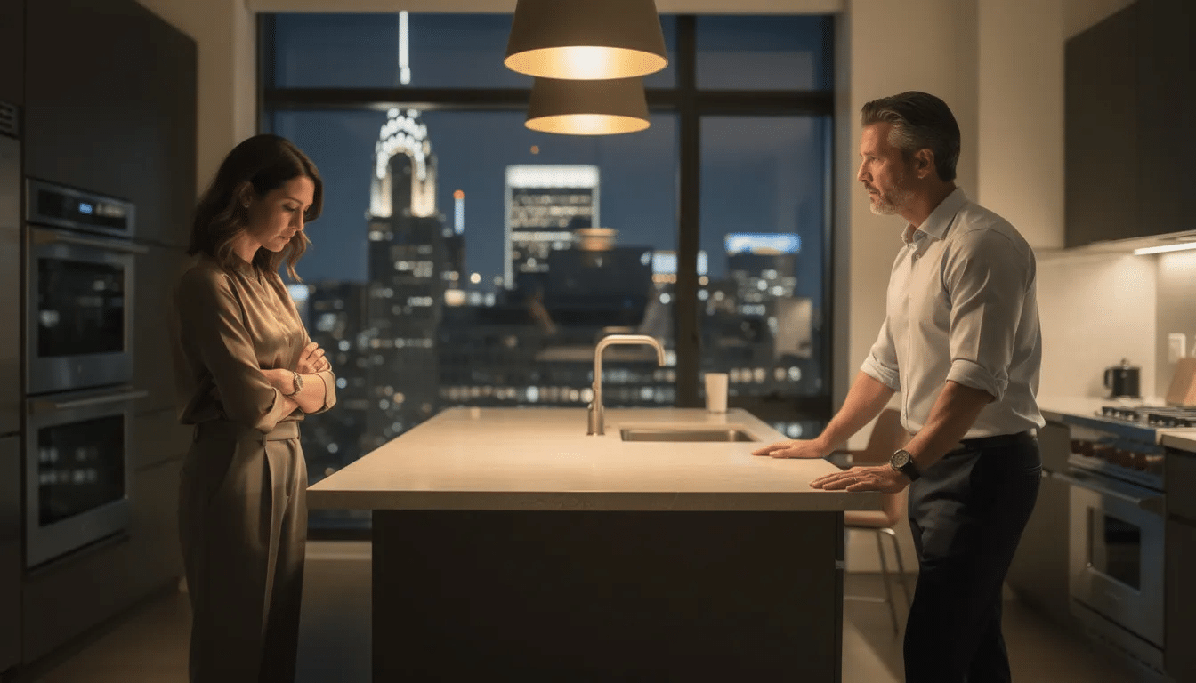 The image depicts a high-functioning professional couple in their 30s or 40s standing apart in a modern Manhattan apartment kitchen at night, both looking away from each other, conveying emotional distance and tension. The warm overhead lighting contrasts with the city lights visible through the window, highlighting their silent treatment and the emotional consequences of stonewalling behavior in their romantic relationship.