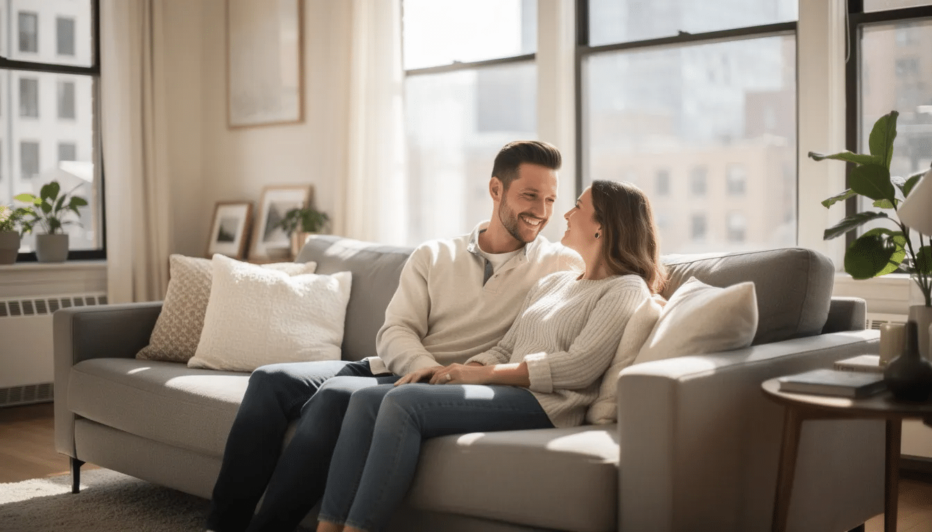 A calm couple sits closely together on a couch in a bright New York apartment, embodying the emotional ease often found in the honeymoon stage of marriage. Their relaxed posture and subtle smiles reflect a strong emotional connection, showcasing the loving relationship that thrives through life's challenges.