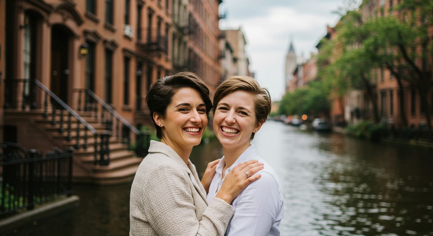 Image of lesbian couple in the West Village happy from successful Gottman method couples therapy online.