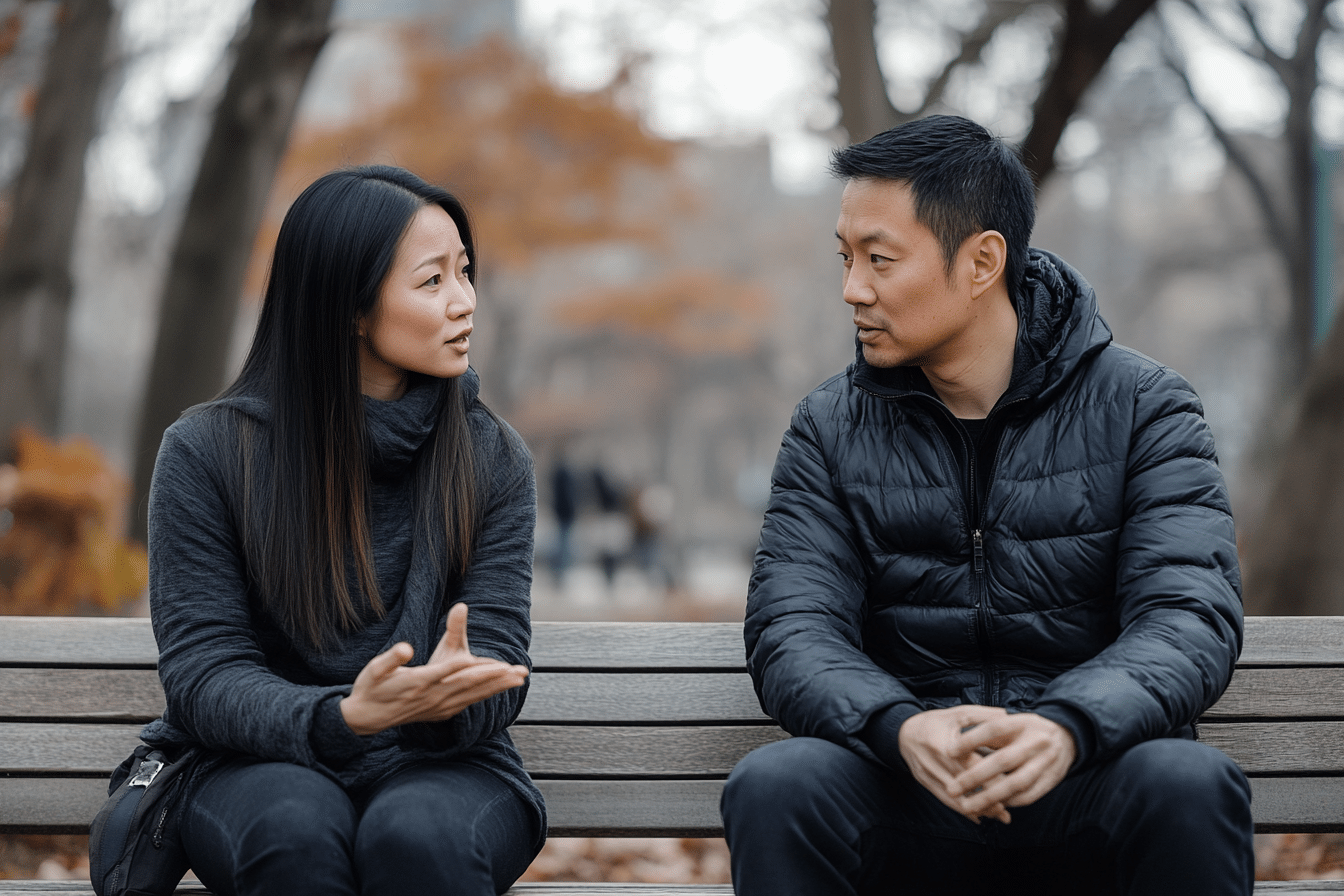 Asian couple sitting on a bench in Central Park having a quiet, vulnerable conversation with open body language, capturing the courage required to ask clearly for what you need in a marriage or romantic partnership as the love prescription recommends on Day 5