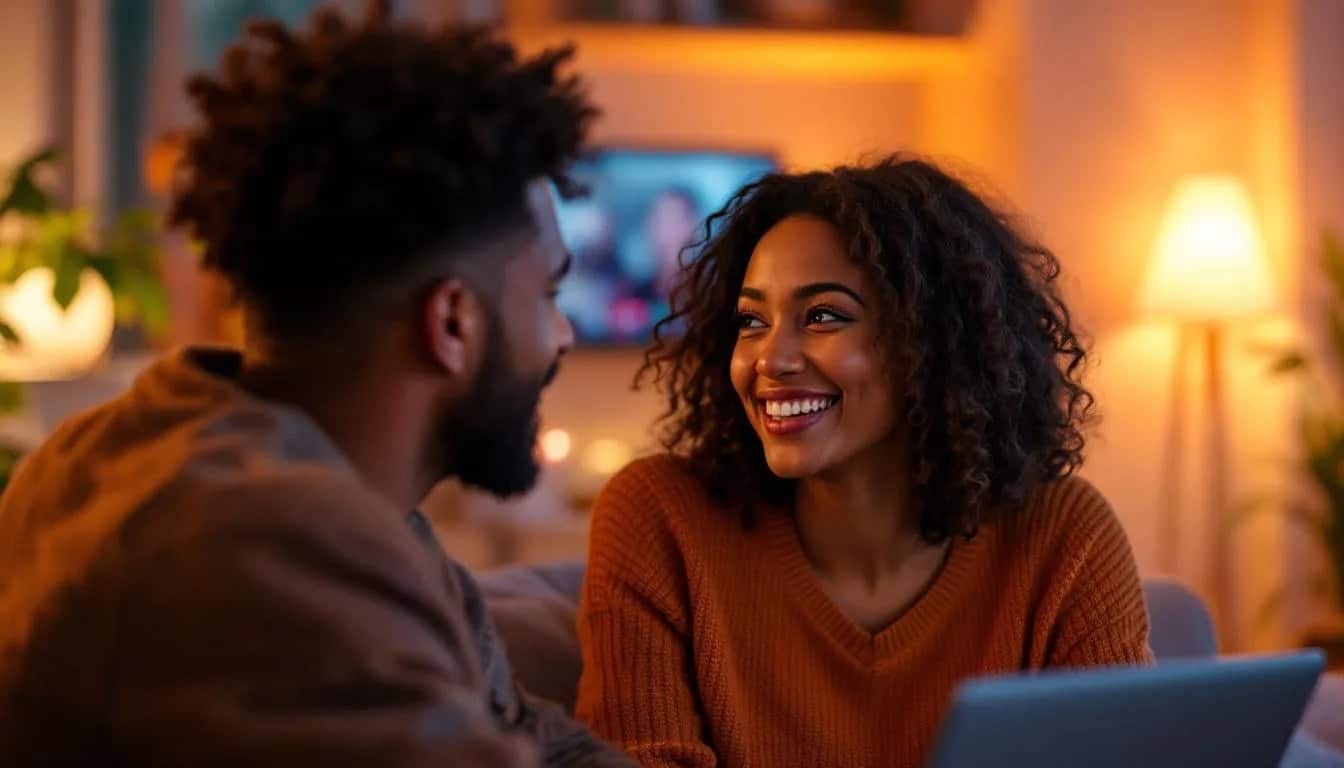 Couple maintaining positive perspective during online discussion in couples therapy in NYC.