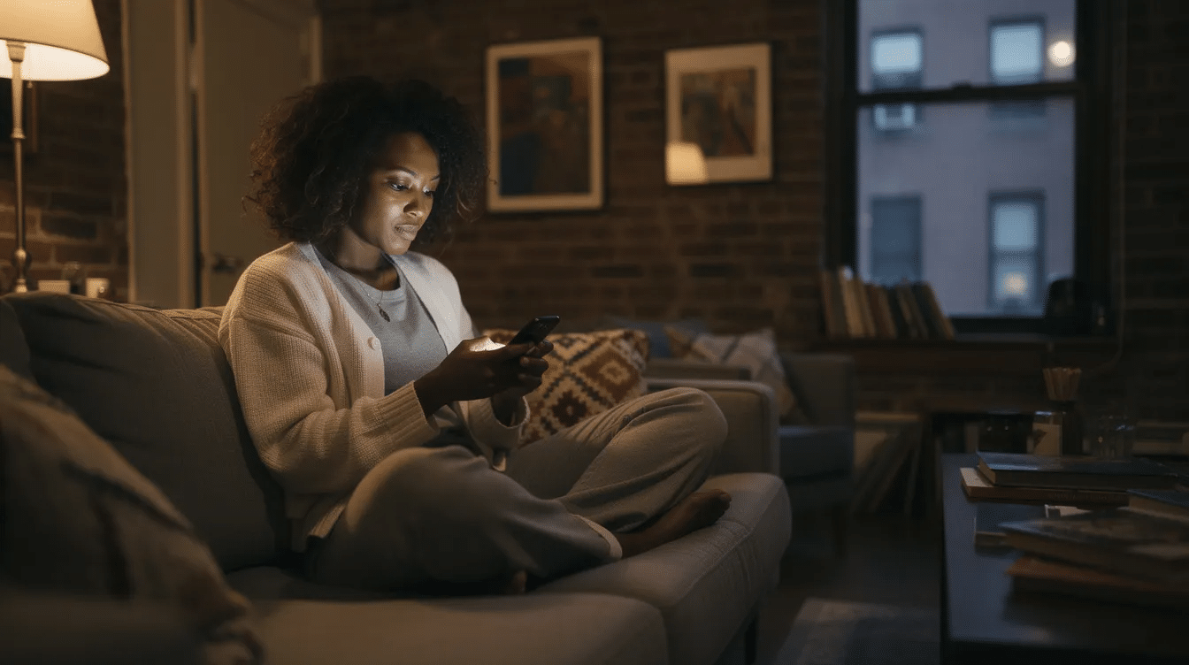 The image captures a Black woman in her late 30s, sitting quietly in a Brooklyn brownstone living room, absorbed in her phone amidst the warm glow of a lamp. This candid moment of solitude reflects a deep sense of contemplation, highlighting the importance of emotional connection and the complexities often faced in relationships, such as those addressed in couples therapy or marriage counseling.