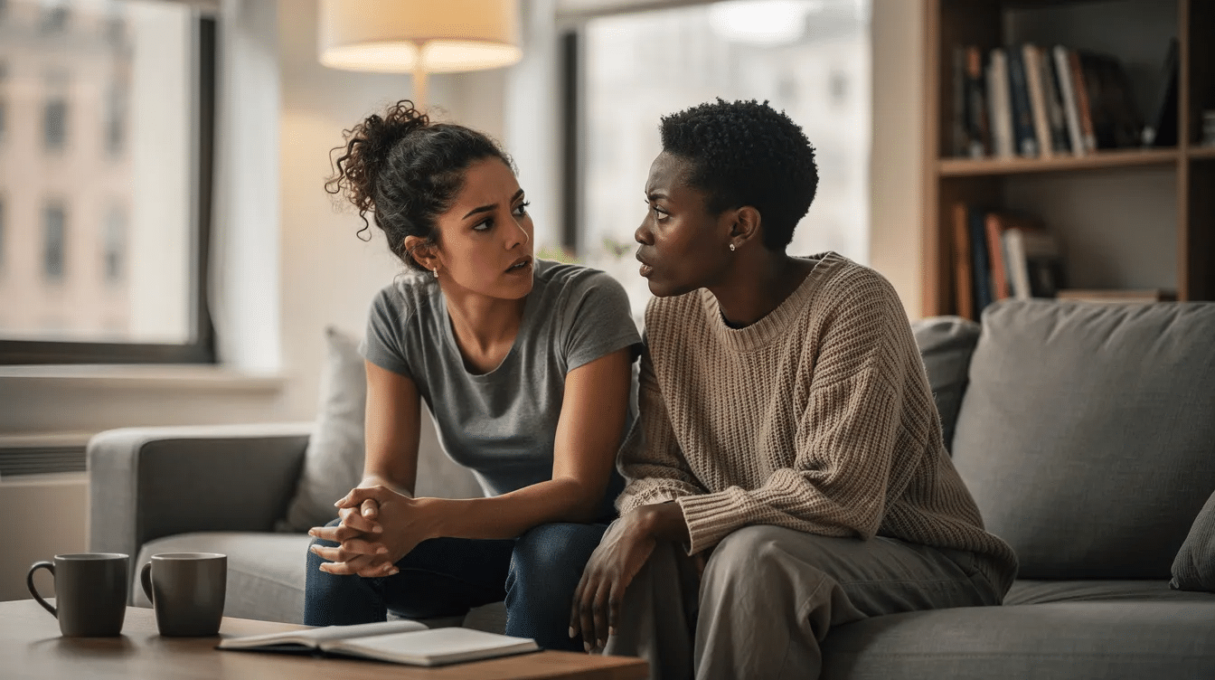 The image depicts a calm and engaged Latina woman and Black woman, sitting on a couch in a modern New York apartment, mid-conversation during a conflict. Their expressive yet regulated body language, illuminated by soft indoor lighting, captures an authentic moment that reflects the principles of the love prescription by John and Julie Gottman, emphasizing the importance of thoughtful and expansive responses in a healthy romantic partnership.
