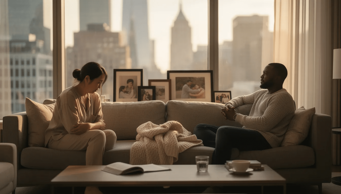 In a luxury Manhattan apartment, an Asian American woman and a Black man in their early 40s sit apart on opposite ends of a couch, their body language reflecting emotional withdrawal and quiet resignation, with no eye contact between them. The late afternoon light casts a warm glow through large windows showcasing the Manhattan skyline, capturing a moment of contemplation and the complexities of their relationship issues.