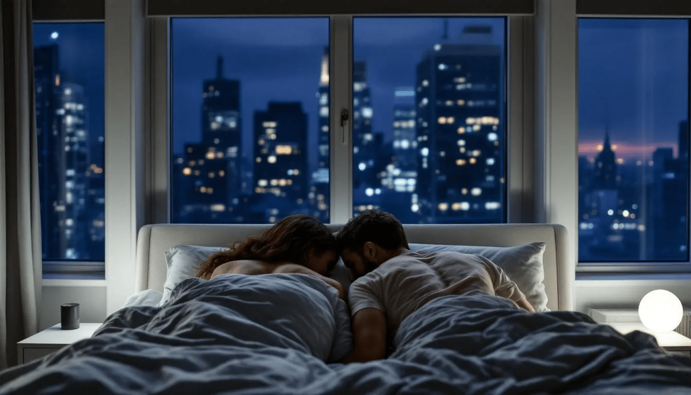 A straight couple in their 30s lies on opposite sides of a contemporary bed in a Manhattan apartment, with their backs turned to each other, reflecting subtle emotional tension on their faces. The city skyline is visible through large windows at night, hinting at the complexities of their relationship and the importance of emotional safety and honest communication in fostering secure attachments.