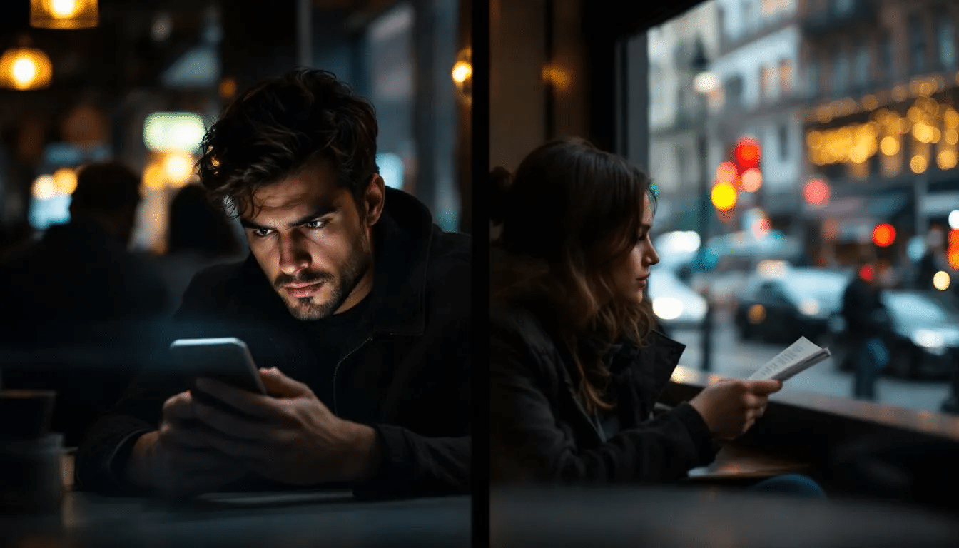 In this stylized split-screen image, one side captures a person intently focused on their smartphone or laptop at a SoHo café, while their partner looks out the window, embodying emotional distance in their relationship. The contrasting expressions highlight the pursuer distancer dynamic, illustrating a common pattern in intimate relationships where one partner seeks connection and the other feels disconnected amidst the bustling NYC street life outside.