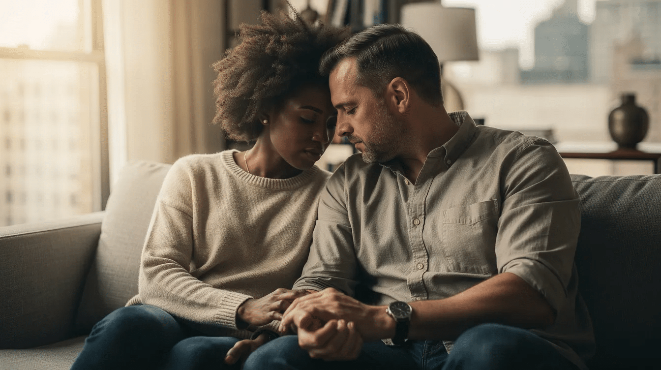 The image captures a diverse couple, a Black woman and a white man, sitting closely together in a modern New York apartment, their emotional yet calm expressions illuminated by soft natural light. This candid moment reflects subtle vulnerability and intimacy, embodying the principles of healthy relationships emphasized by the world's leading relationship scientists, including John and Julie Gottman.