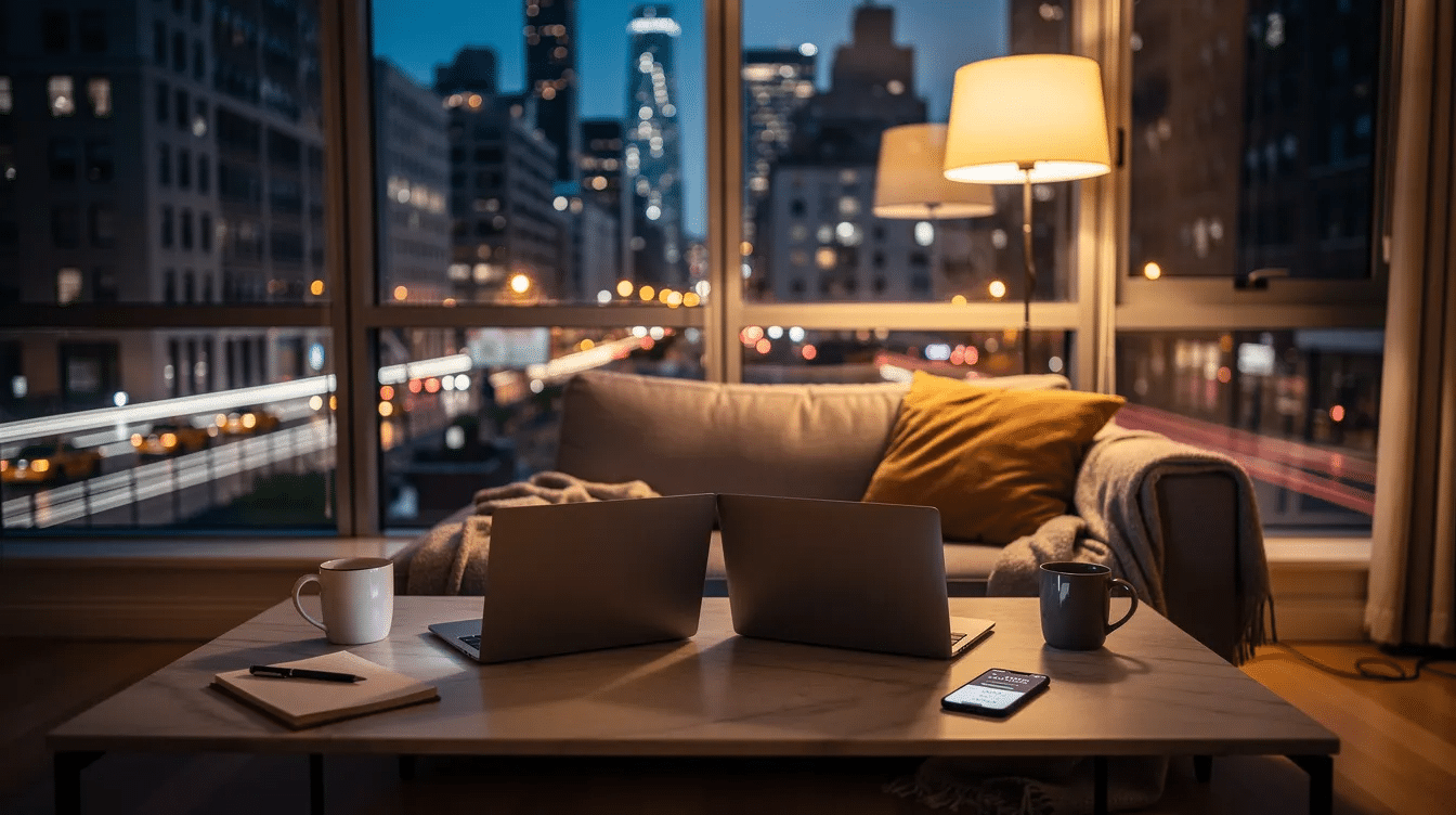 A calm, dimly lit Manhattan apartment at night with two closed laptops on a table — a private space ready for a virtual session.