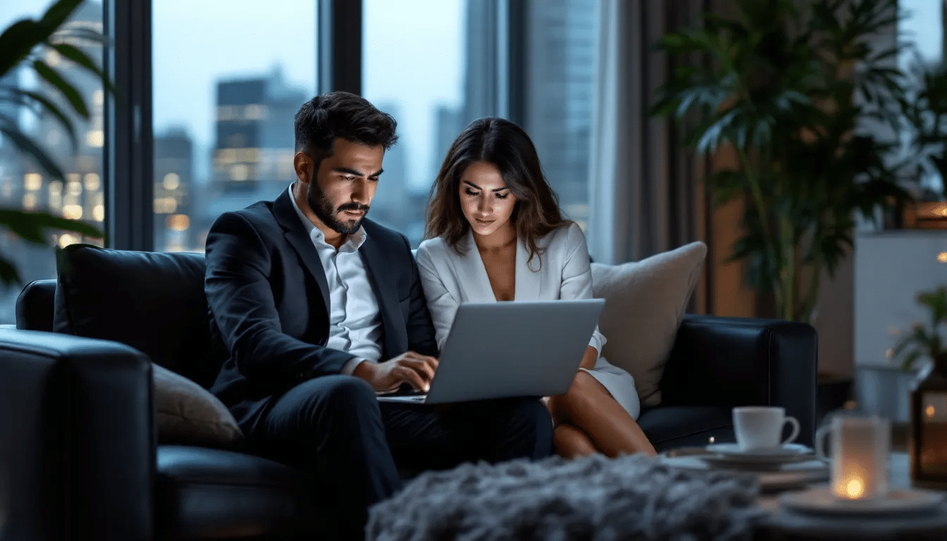 In a high-end Manhattan apartment, a diverse couple, consisting of an Asian partner and a White partner, sits together on a luxurious couch, visibly frustrated after a virtual couples therapy session displayed on their laptop. Large windows let in natural light, highlighting their tense expressions as they navigate the complexities of their relationship, grappling with feelings of anxiety and the exhausting cycle of conflict.