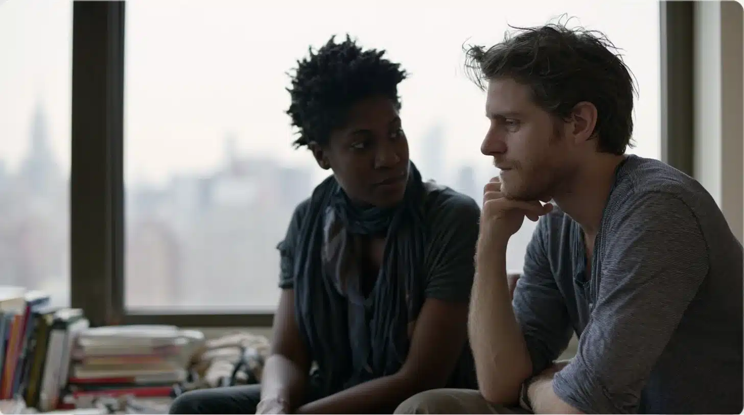 Professional New York couple having a quiet conversation at home before beginning Gottman Method couples therapy online.