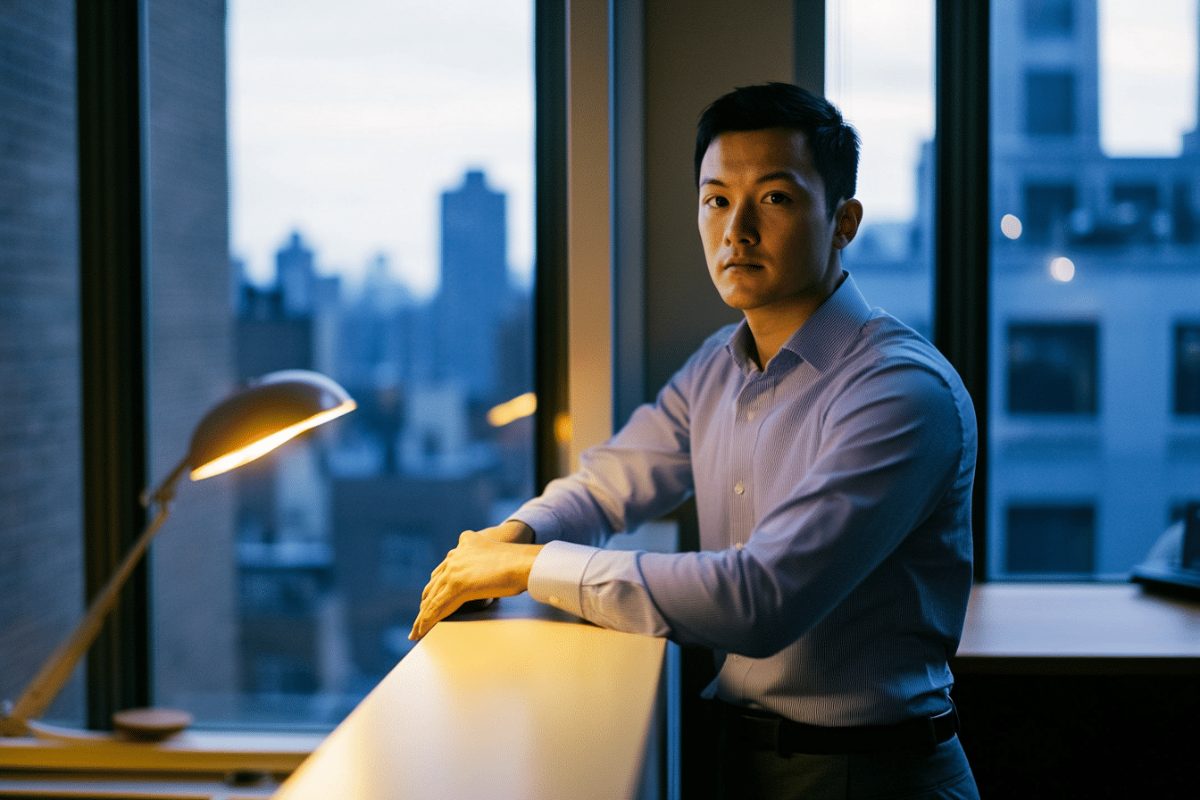 Executive at a Manhattan office window at dusk, steady and focused, representing Mindsight in individual therapy NYC