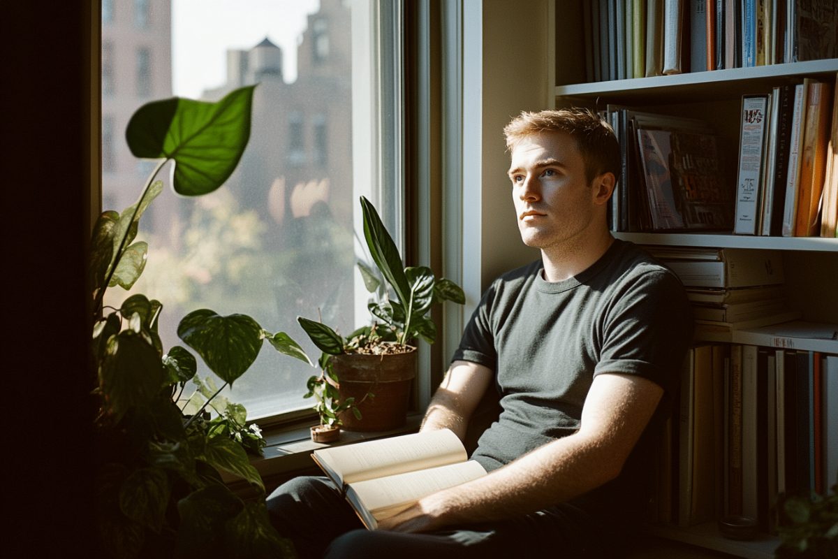 Man reading by a sunlit window with plants, a steadier sense of self after individual therapy in NYC