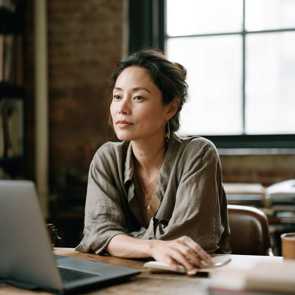 Woman gazing out a loft window, reflecting during online individual therapy in NYC