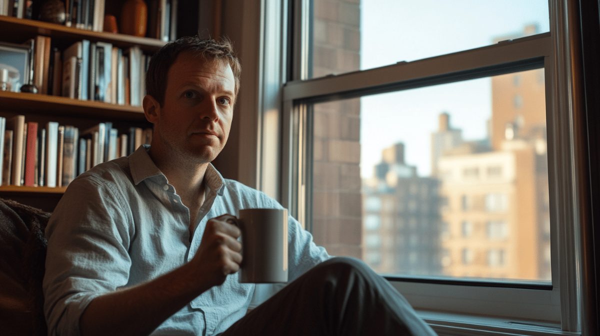 Professional man with coffee by a Manhattan apartment window, reflecting before an individual therapy NYC session
