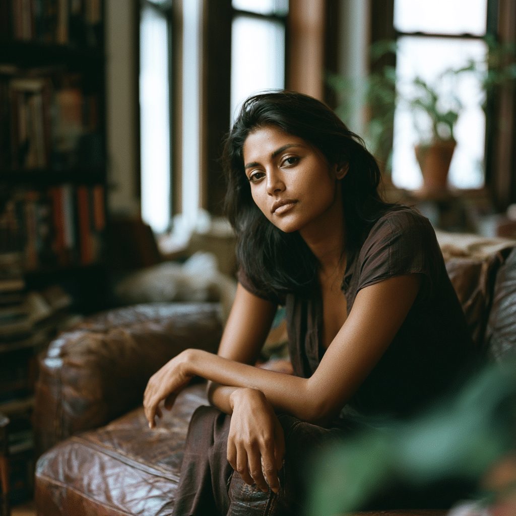 Woman sitting thoughtfully in a Brooklyn apartment, considering individual therapy in NYC