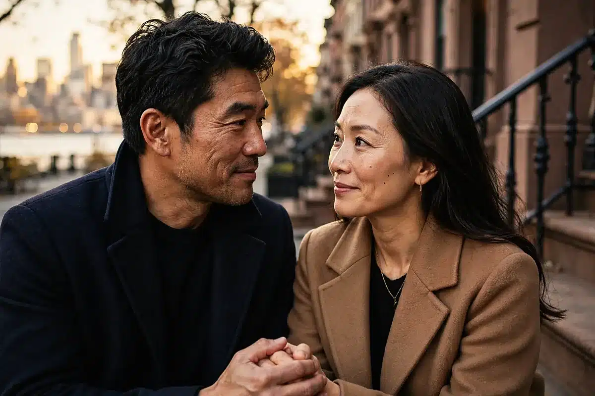 Asian couple sitting together on brownstone steps in Brooklyn Heights, couples therapy in New York City