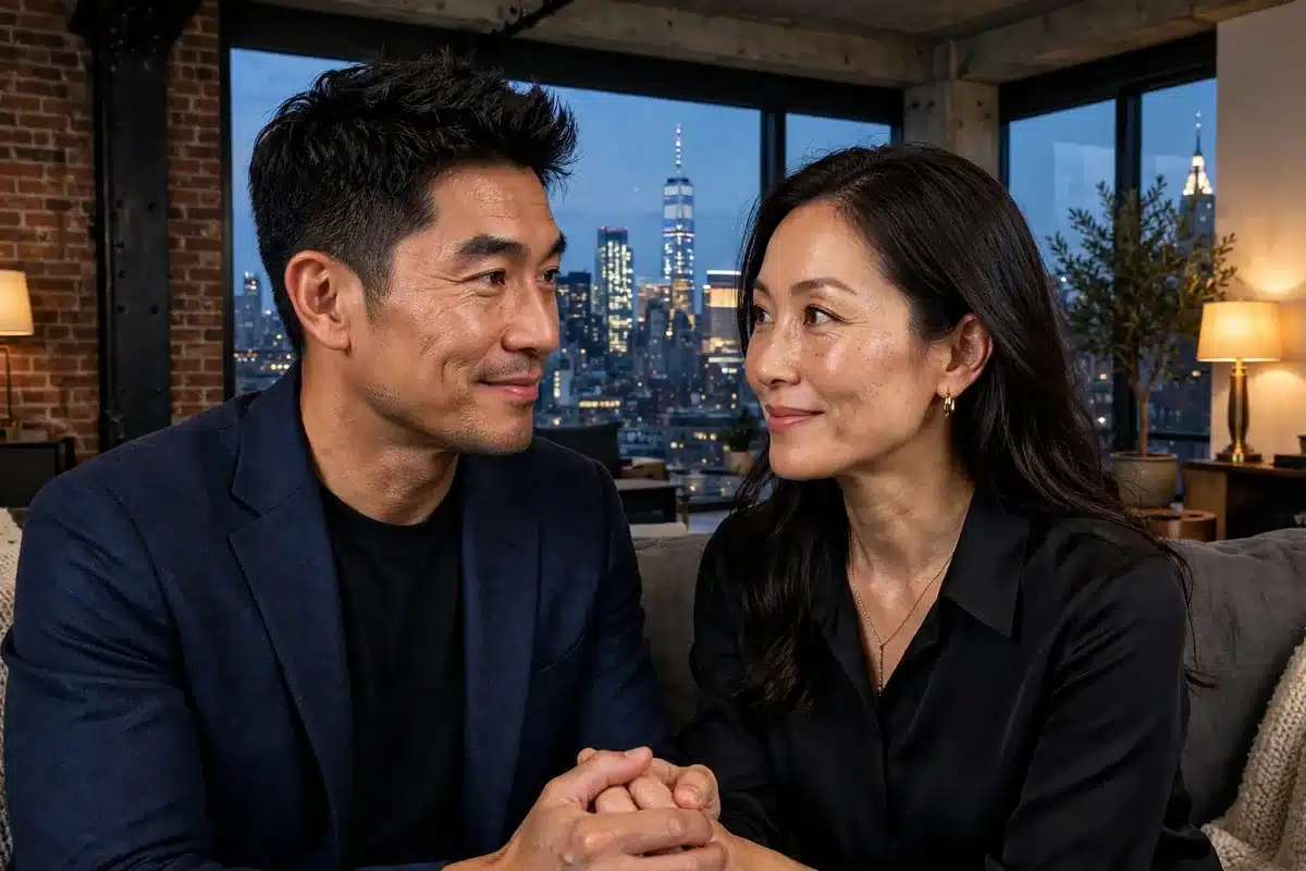 Asian couple holding hands and looking at each other in a Tribeca loft at dusk, New York City skyline behind them