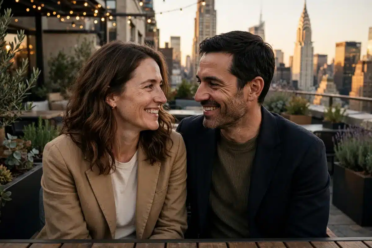 Couple smiling at each other on a New York City rooftop at golden hour, Chrysler Building behind them, couples counseling in NYC