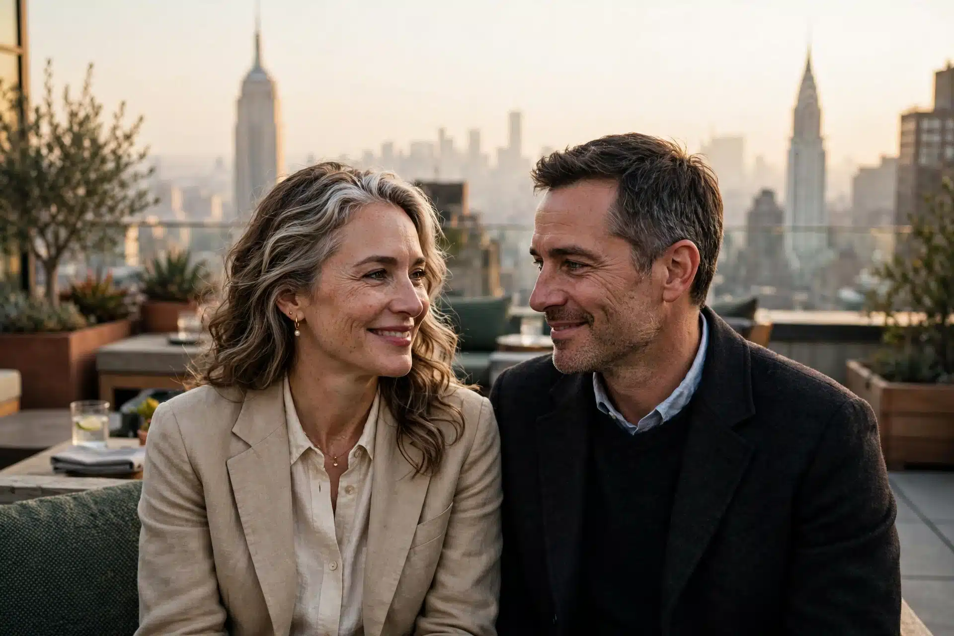 Couple laughing together on a Manhattan rooftop terrace at golden hour