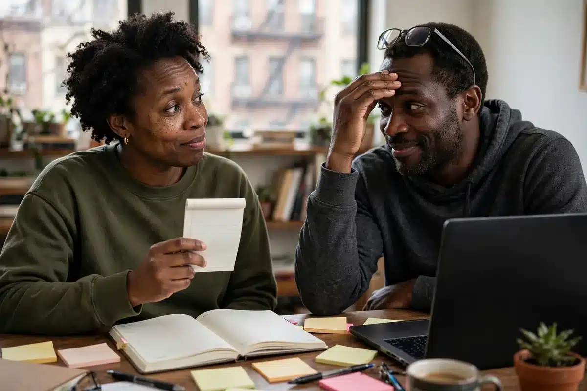 Couple at a desk with a planner and sticky notes, ADHD and your relationship, couples therapy in NYC