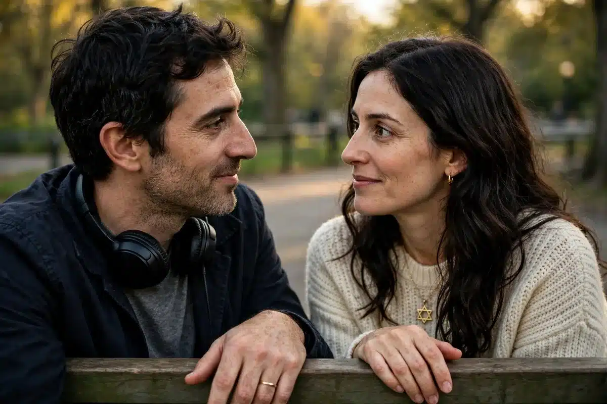 Jewish couple on a Central Park bench looking at each other, autism spectrum and your relationship, couples therapy in NYC