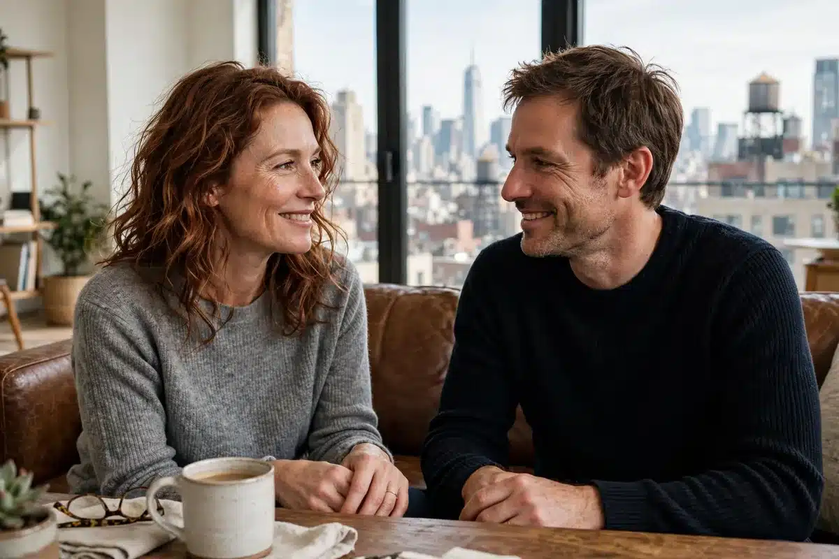 Couple smiling at each other across a table in their Manhattan apartment, skyline behind them, relationship counseling questions