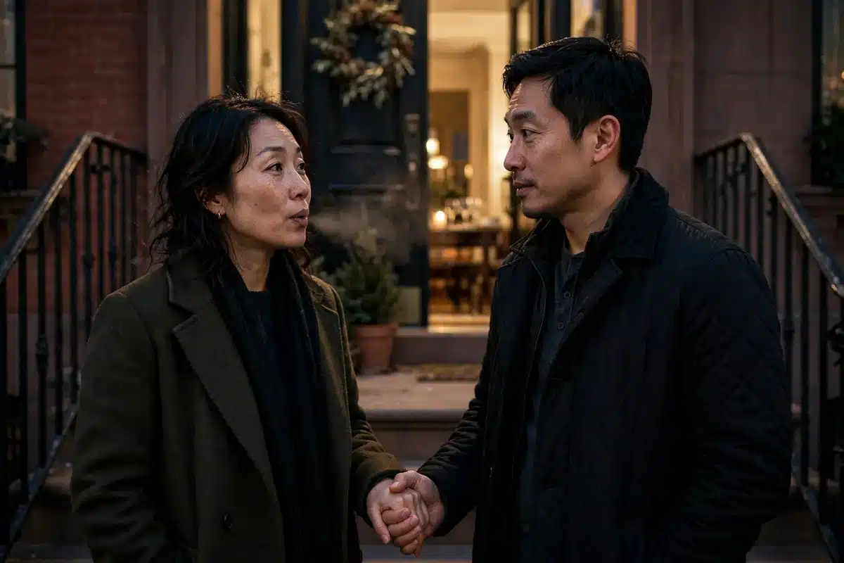 Asian couple holding hands on brownstone steps at night after a family dinner, in-law and family tension, couples therapy in NYC