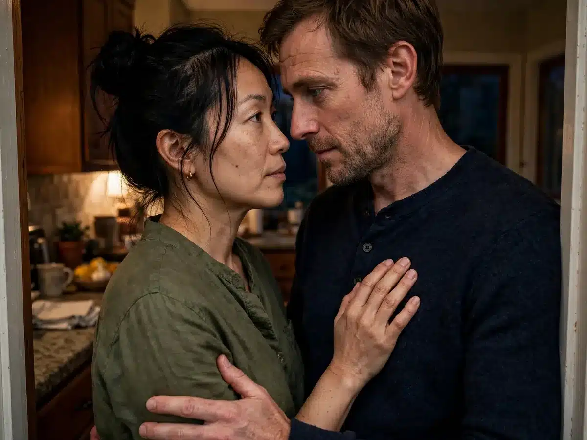 Asian woman and white man standing close in a kitchen doorway, intimacy and desire, couples therapy in NYC