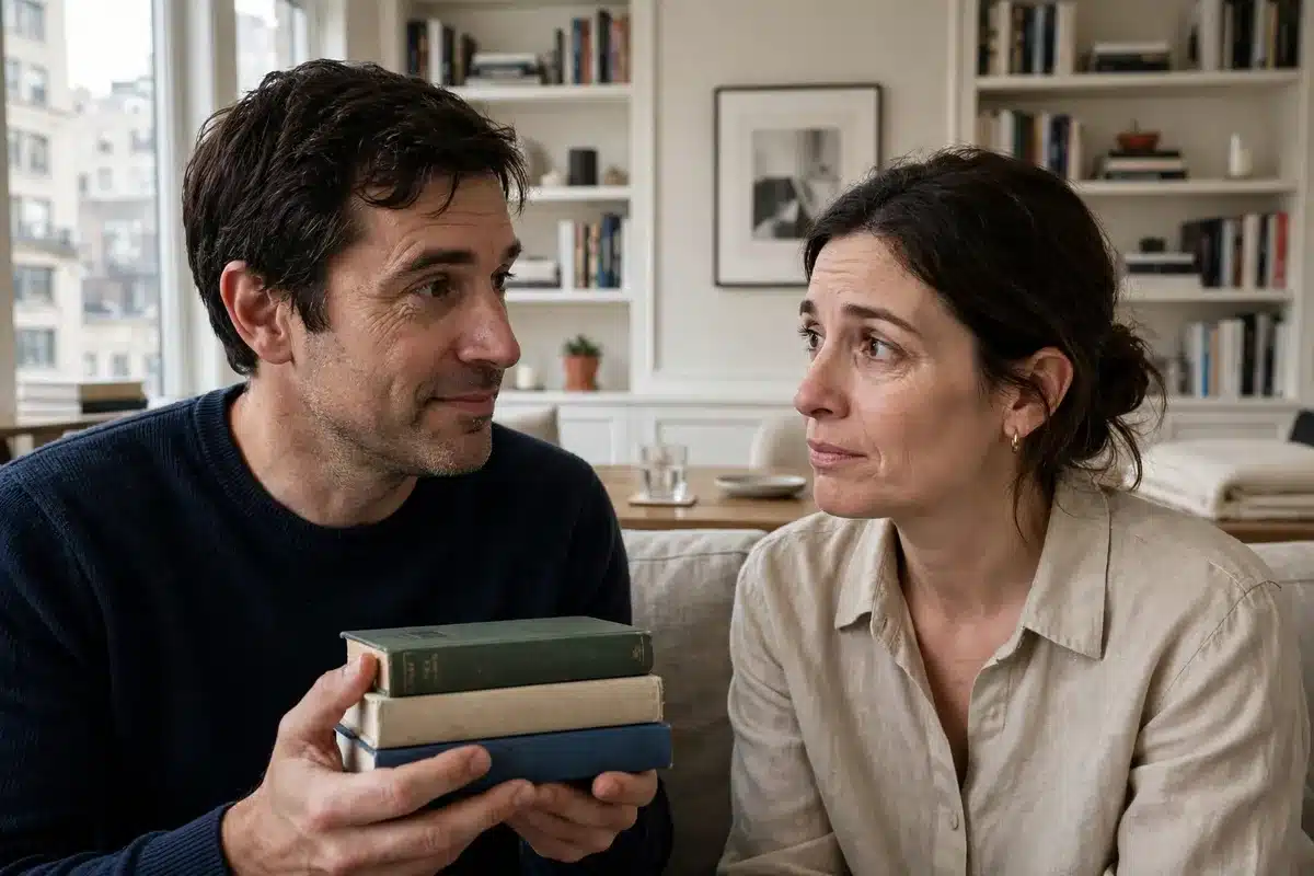 Couple on a sofa, one partner holding a perfectly squared stack of books, OCPD in relationships, couples therapy in NYC