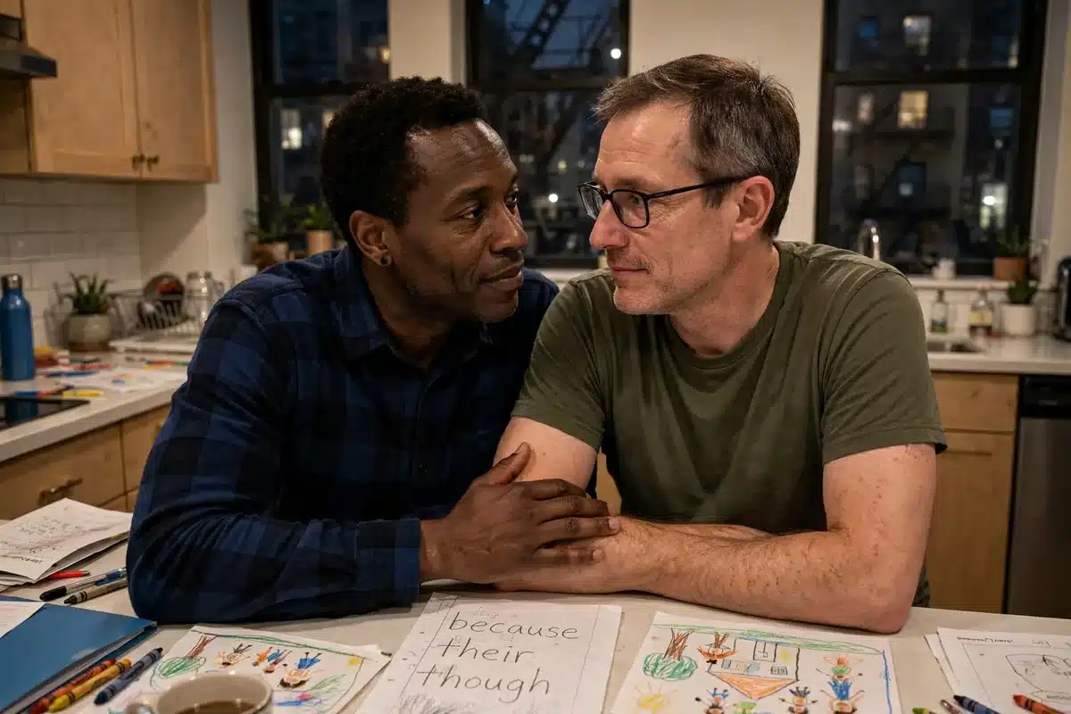 Two fathers at a kitchen counter covered with children's schoolwork, parenting conflicts, couples therapy in NYC