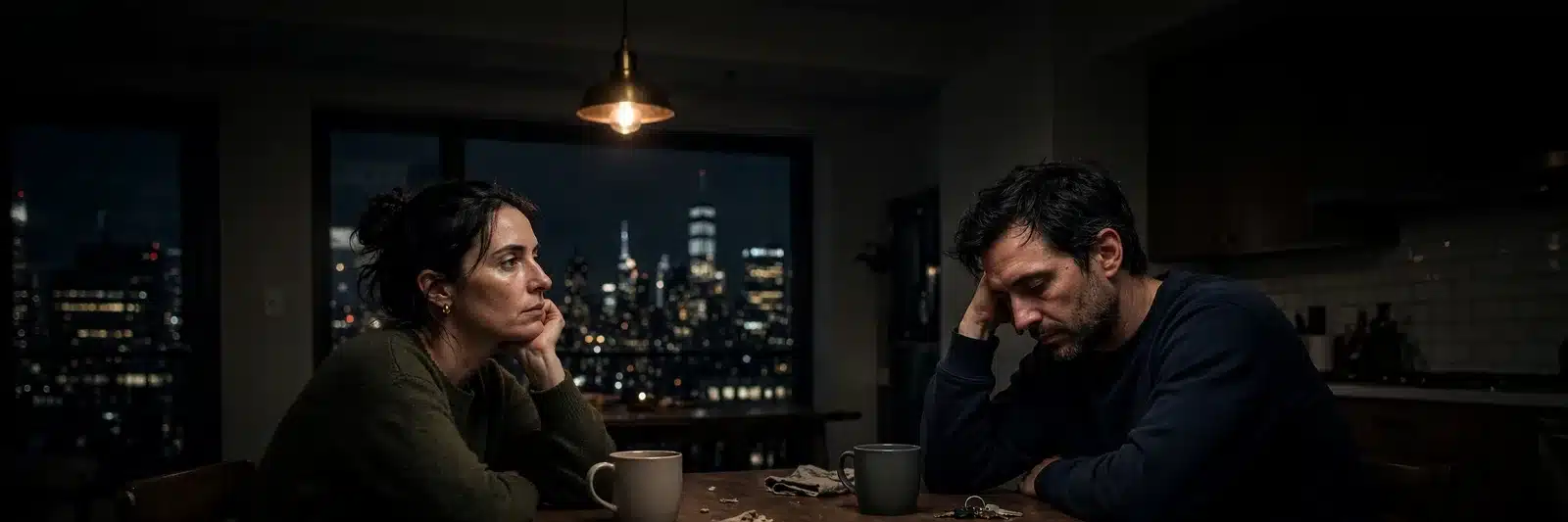 Couple in their late thirties sitting at a kitchen table late at night, New York skyline behind them, couples therapy in NYC