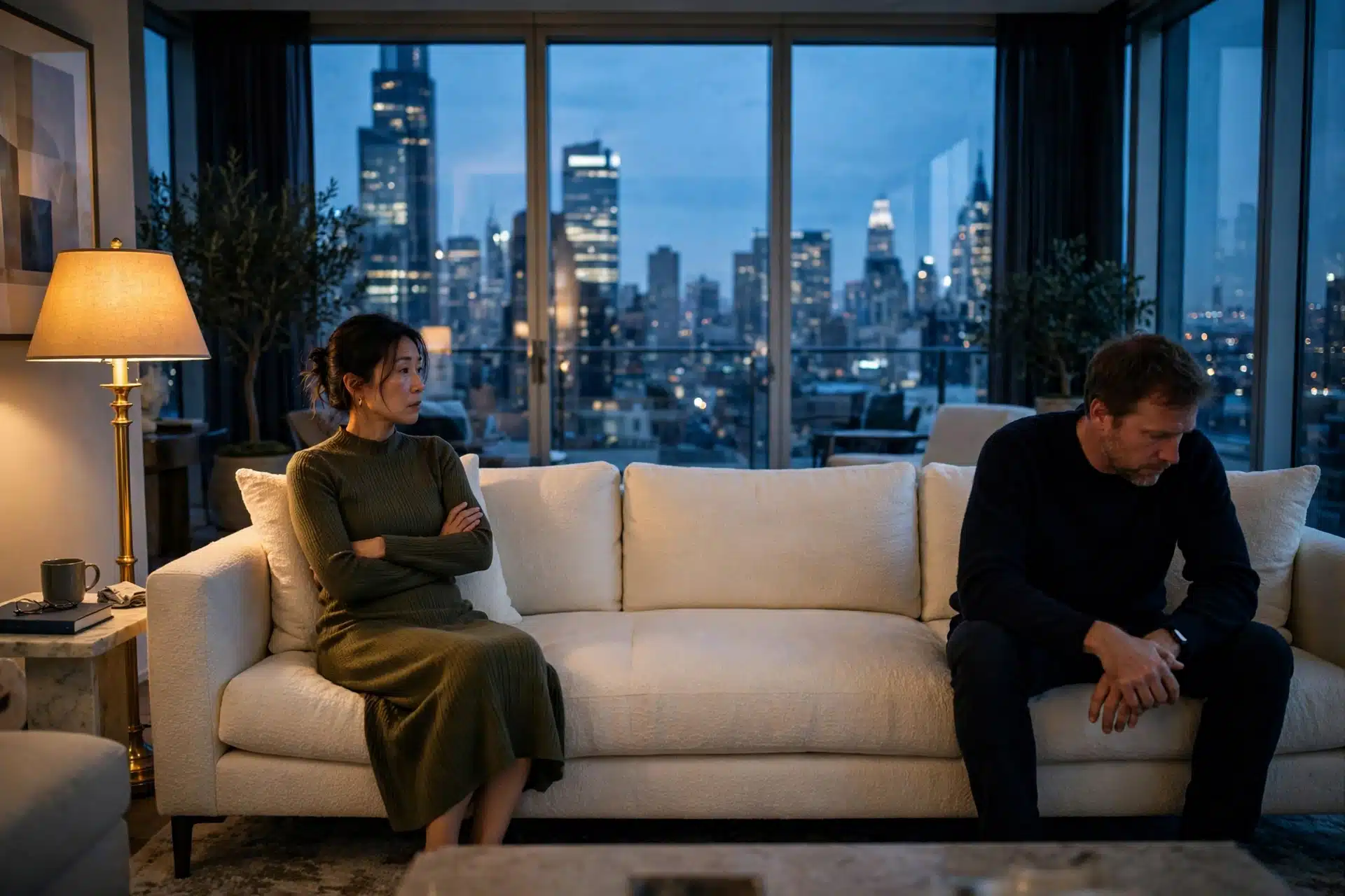 Asian woman and white man sitting apart at opposite ends of a long sofa in a New York penthouse at dusk, an empty cushion of distance between them, couples therapy in NYC