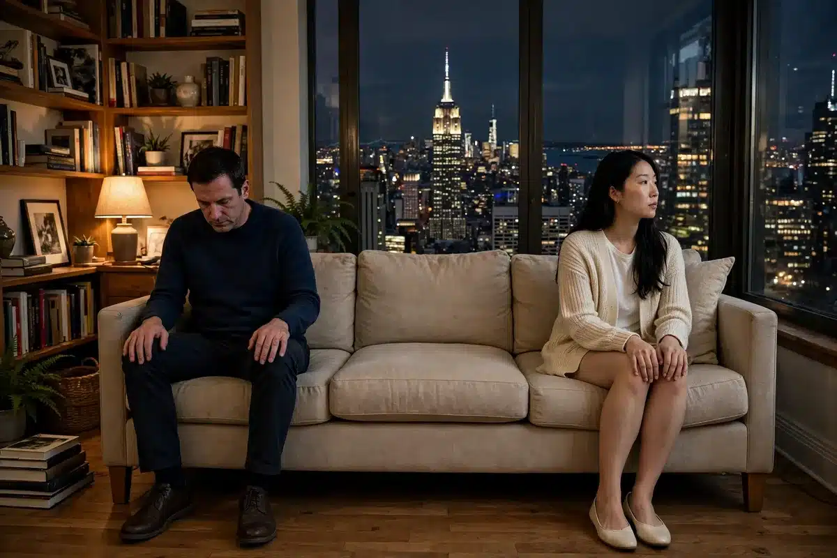 Asian woman and white man sitting apart at opposite ends of a sofa in a New York apartment in the evening, emotional distance between them, couples therapy in NYC
