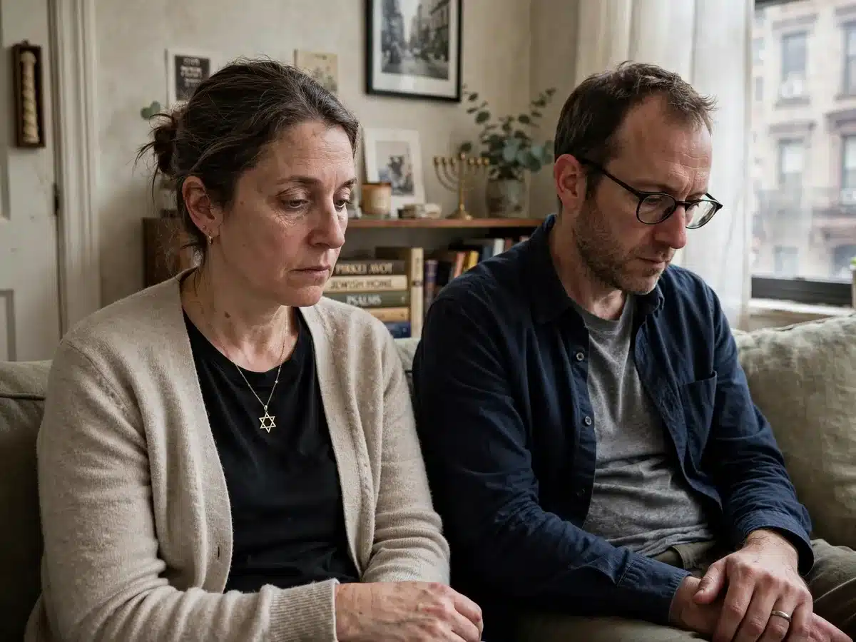 Jewish couple seated apart on a sofa after a hard conversation, trust after betrayal, couples therapy in NYC
