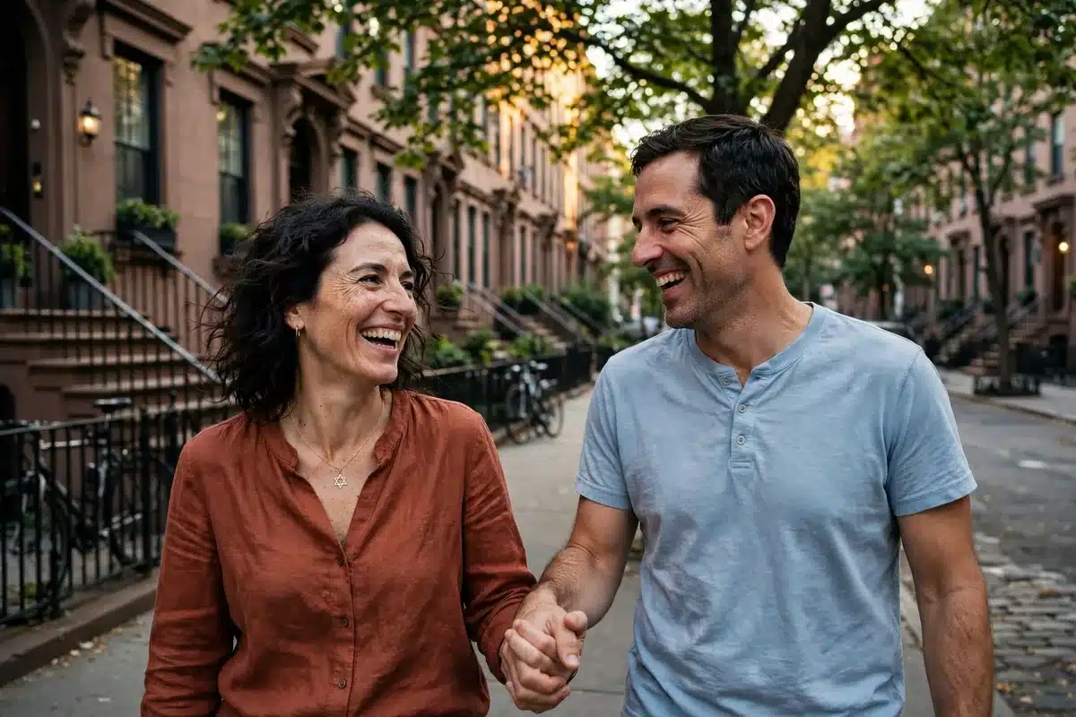 Jewish couple laughing together on a West Village brownstone street in New York City, couples counseling in NYC